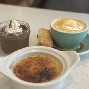 Chocolate pot De creme, affogato, and creme brulee