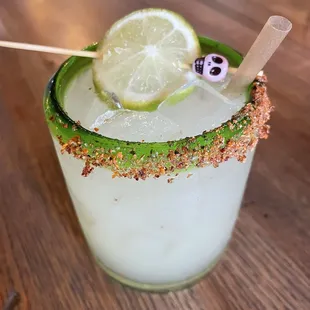 Happy hour margaritas with tajin rim