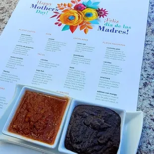 Lovely menu and complimentary salsa and bean dip.