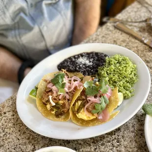 Brunch tacos with carnitas &amp; scrambled eggs, cilantro-lime rice and black beans
