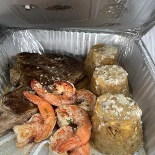 Mofongo, ribeye, and shrimp