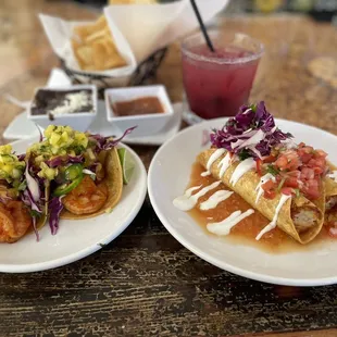Tacos de Camaron, flautas, blackberry margarita (happy hour)
