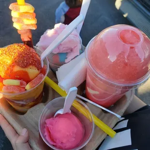 Leo (orange and yellow), Bubblegum ice, Big Red float, cotton candy creation