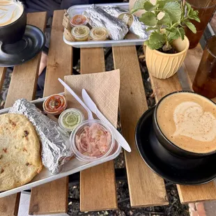 Latte, pupusa, tacos.