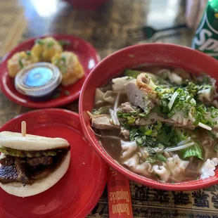 Shrimp Shumai (top left), Pork Belly Gua Boa (bottom left), Roasted Duck Wonton Noodle Soup.