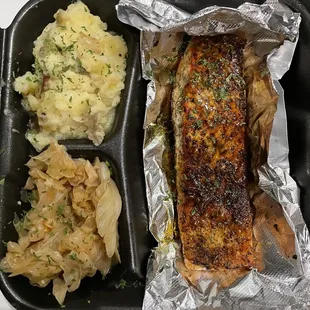 Herb grilled salmon  Garlic mashed potatoes  Cabbage