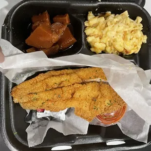 Fried catfish fillet Mac and Cheese Sweet potatoes