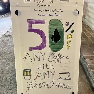 50% coffee with any purchase