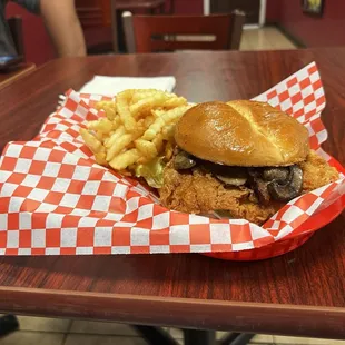 Mushroom Melt Chicken Sandwich with Crinkle Fries