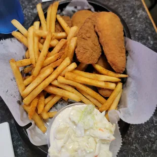 Chicken straps, fries and coleslaw