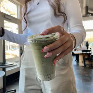 Iced matcha with oatmilk