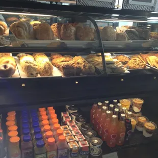 Pastry and cold beverage selections.