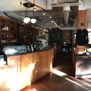 The bar area of the cafe. Lots of wood interior.