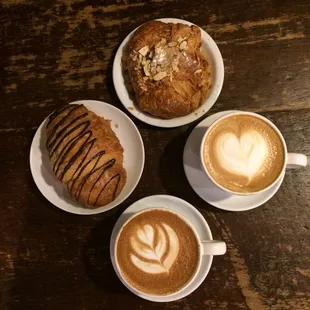 Almond croissant and chocolate croissant with Carmel macchiato and carmel white chocolate mocha.