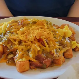 Green chile scramble thingy. It&apos;s good. Eat it.