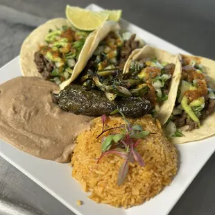 Carne Asada Tacos  with beans and Rice