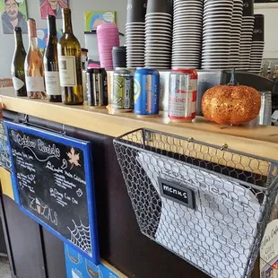 a counter with a variety of food items