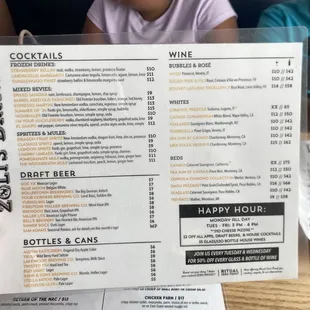 Drink menu and happy hour deals