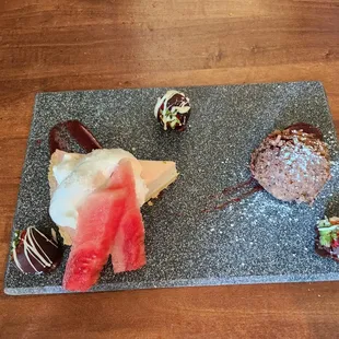 Desert sampler with chocolate macaroon, chocolate covered strawberries and yummy key lime watermelon pie!