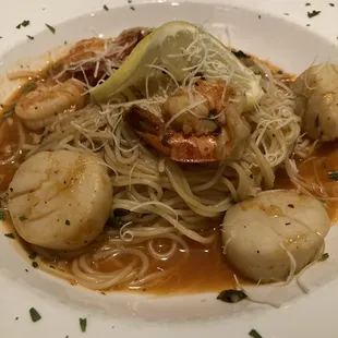 Shrimp and scallops on angel hair pasta.   Oh yeah!