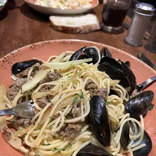 Mussels and Sausage and spaghetti