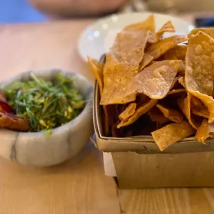 great chips and guacamole w/ pistachios and bacon