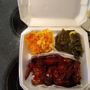 BBQ wings, greens and Mac and cheese