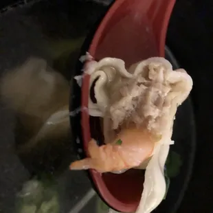 Cross-section of pork and shrimp wonton
