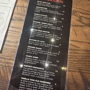 Fall cocktail menu