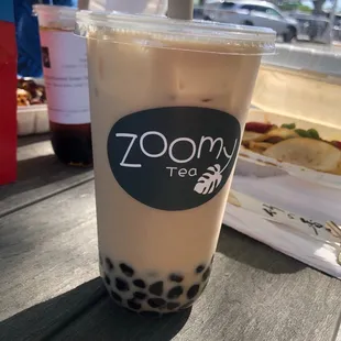 Hojicha (roasted green tea) milk tea with boba