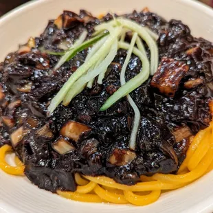 Jjajang Myun. $7.95. Noodles with black bean sauce, pork, and vegetables.