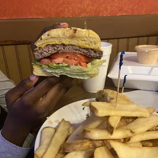 Hamburger with lettuce, tomatoes and Mayo on an onion bun with fries