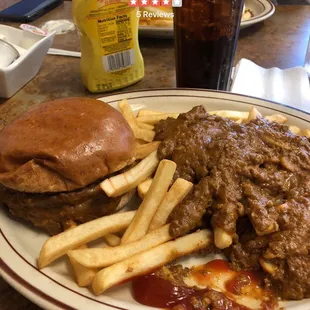Hamburger with chili and chili fries
