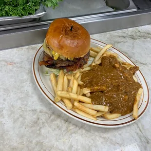 a hamburger and fries