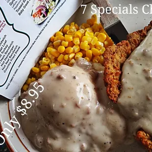 Real Lumpy Mashed Potatoes with Country Fried Steak  on the Cheap with Bowl of Soup too