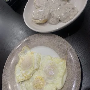 Sausage gravy and biscuits, full order, eggs on side (you can get them on top.)