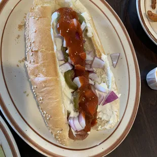 a hot dog on a bun