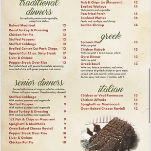 Zorbas Dinner Menu