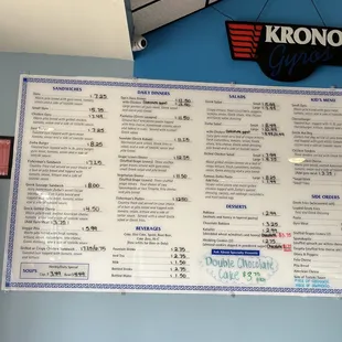 a menu on the wall