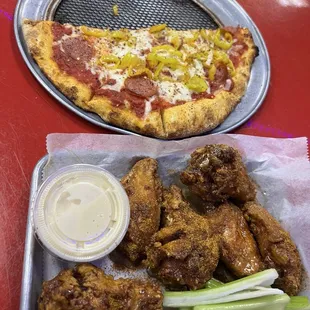 Old bay with honey and a small pan pizza.