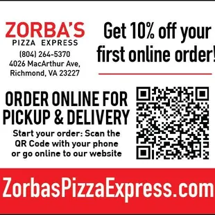 Get 10% off your first order by going to www.zorbaspizzaexpress.com