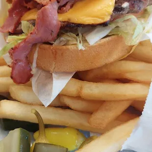 Zorba burger combo with peppers and pickles