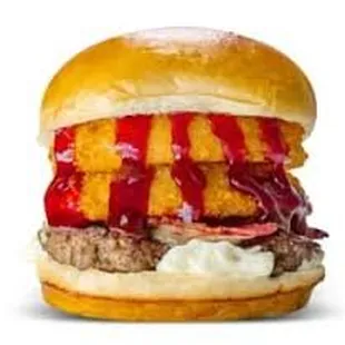 a chicken burger with ketchup and sauce