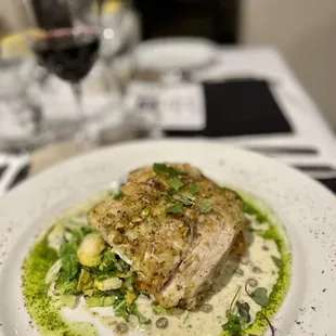 Follow me IG: helloagent.m  Seabass floating over bed of quinoa. Loved the seabass, but quinoa was a bit hard. Pesto was perfect. Dec 2021