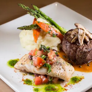 Our petite filet and salmon dual plate with olive oil mashed potatoes