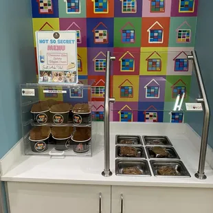 Cups with waffle bowls and individually wrapped cookies/brownies