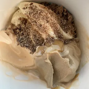3 different flavors with peanut butter cup toppings  (Cake Batter, Salted Caramel, &amp; creamsicle).