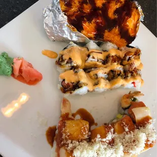 From the top:  Volcano roll Shrimp Tempura (asked with spicy mayo) White Striper