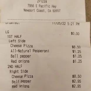 13.5% price markup for an in-store order. (One large cheese with vegetables on entire pie and one meat topping on half.)