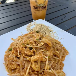 Chicken pad Thai and Thai ice tea